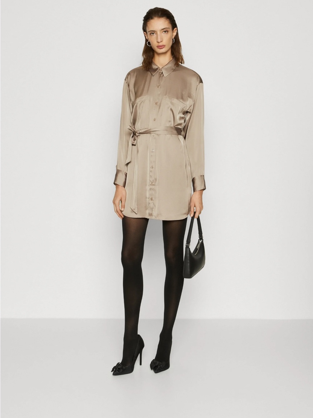 Abercrombie & Fitch Satin Mini Shirt Dress in Taupe Beige